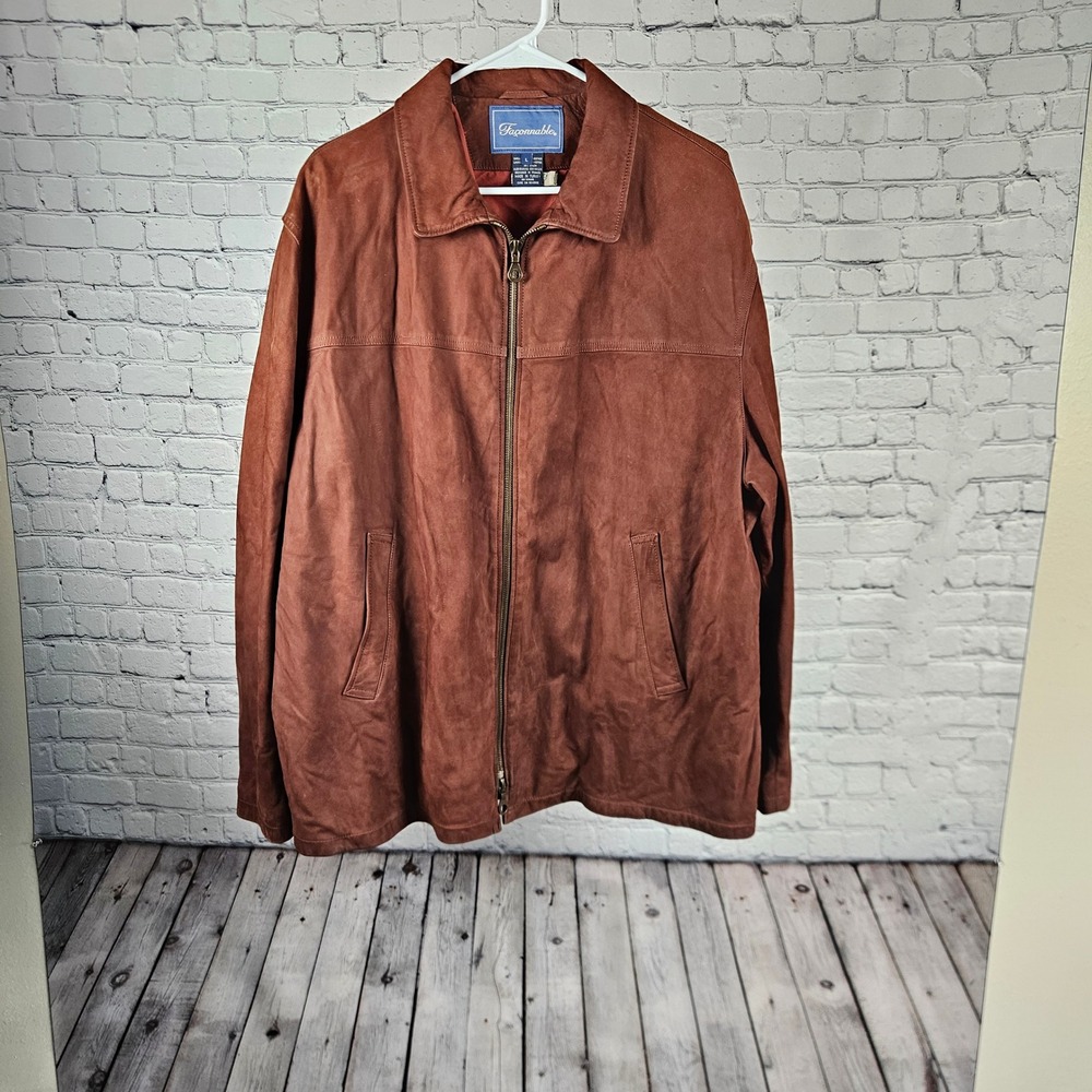 Faconnable Mens Brown Cowhide Leather Full Zip Jacket Coat Size L French Design